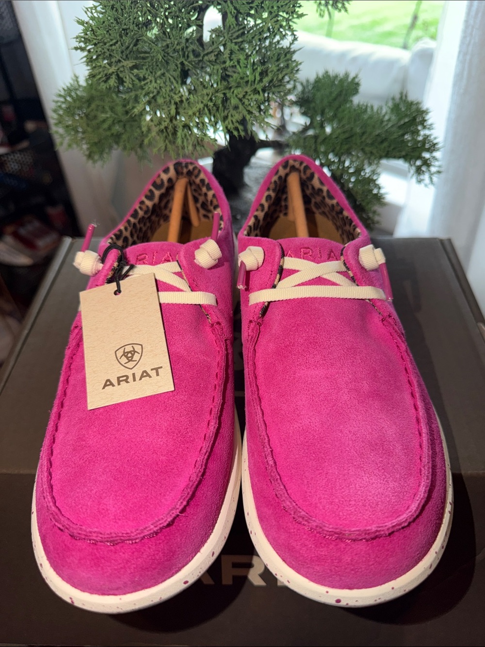 Ariat Women's Vibrant Pink Suede Moccasins with Leopard Lining